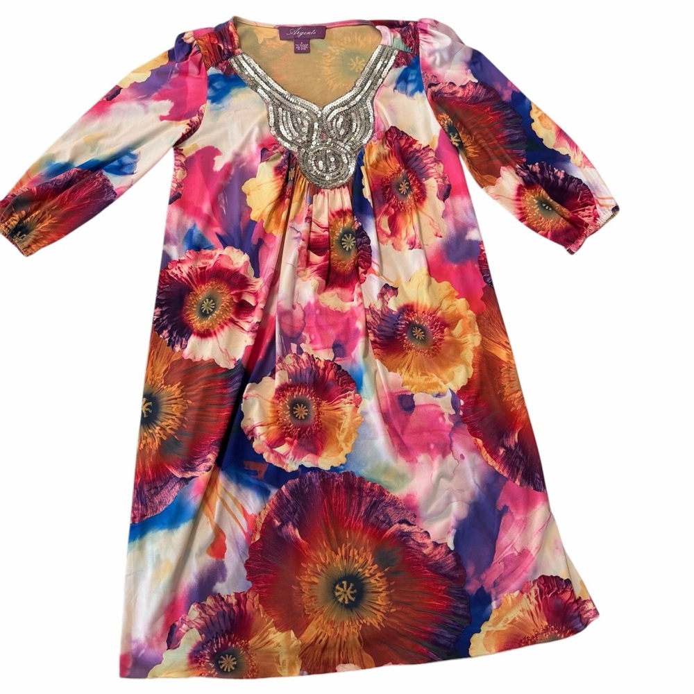 Argenti Floral Dress with Beaded Neckline - Pink, Yellow, Orange, Purple, Blue